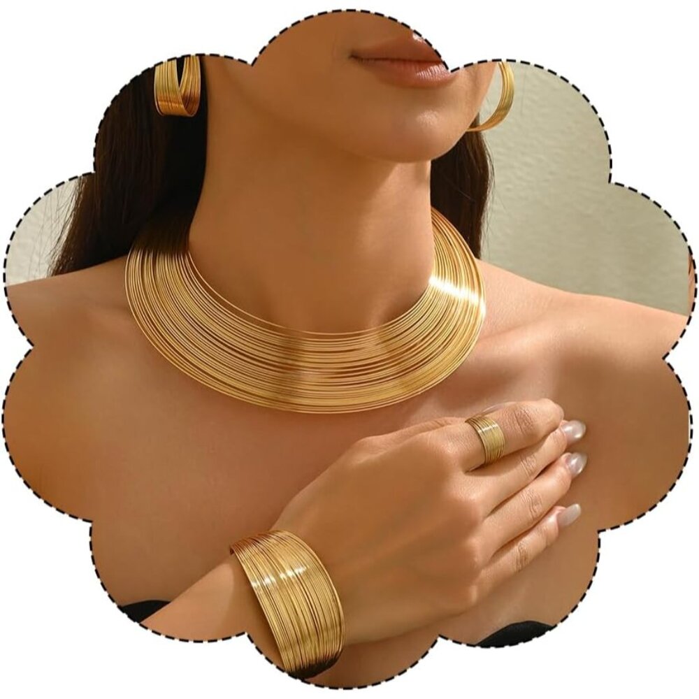 Chunky Gold Necklace Set for Women African Thick Boho Necklace Hoop Earrings Bra